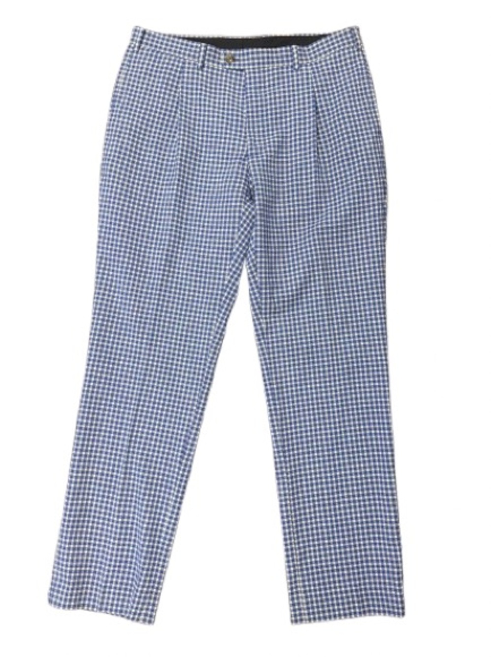 Indochino Custom Blue Gingham Wool Blend Dress Pants 34x31 Tailored Stretch